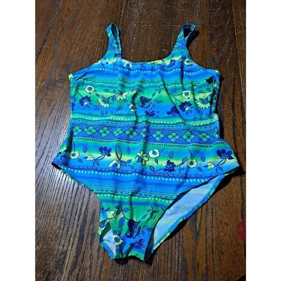 Sz 18 Basic Edition Tank Strap Green Blue Yellow One Piece Swimsuit Bathing Suit - Picture 1 of 2